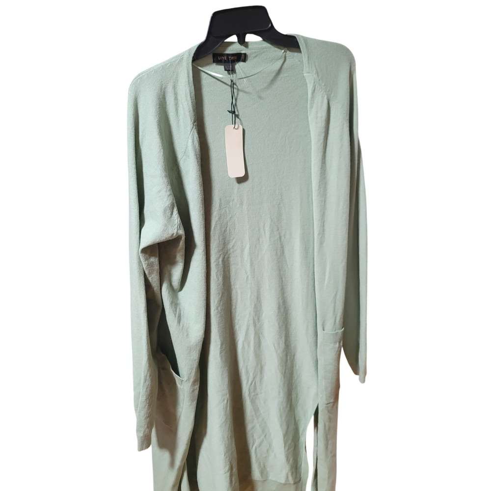 Love Tree Light Green Long Sleeve Open Front Cardigan Sweater Pockets Size Large